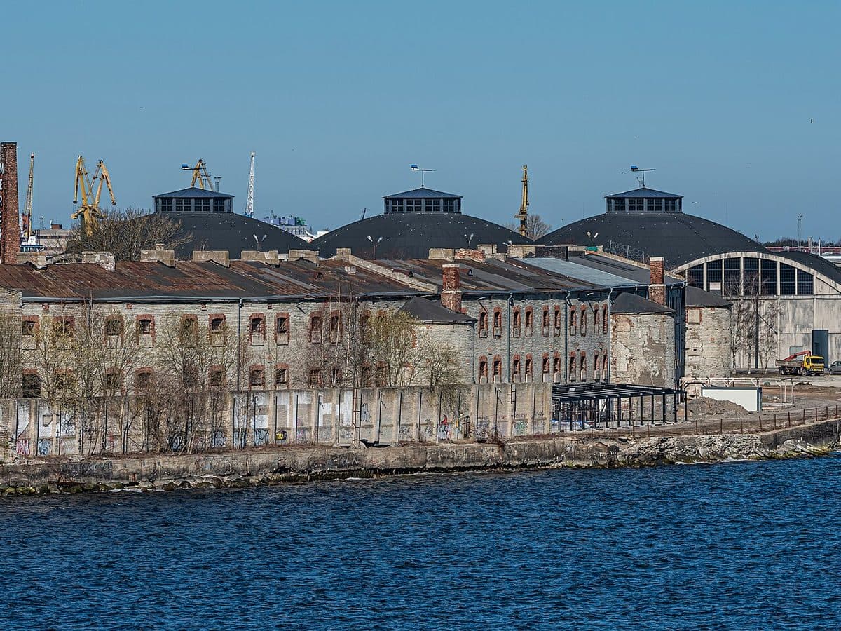 The concrete seaplane hangars of Tallinn's Lennusadam museum seen from the water