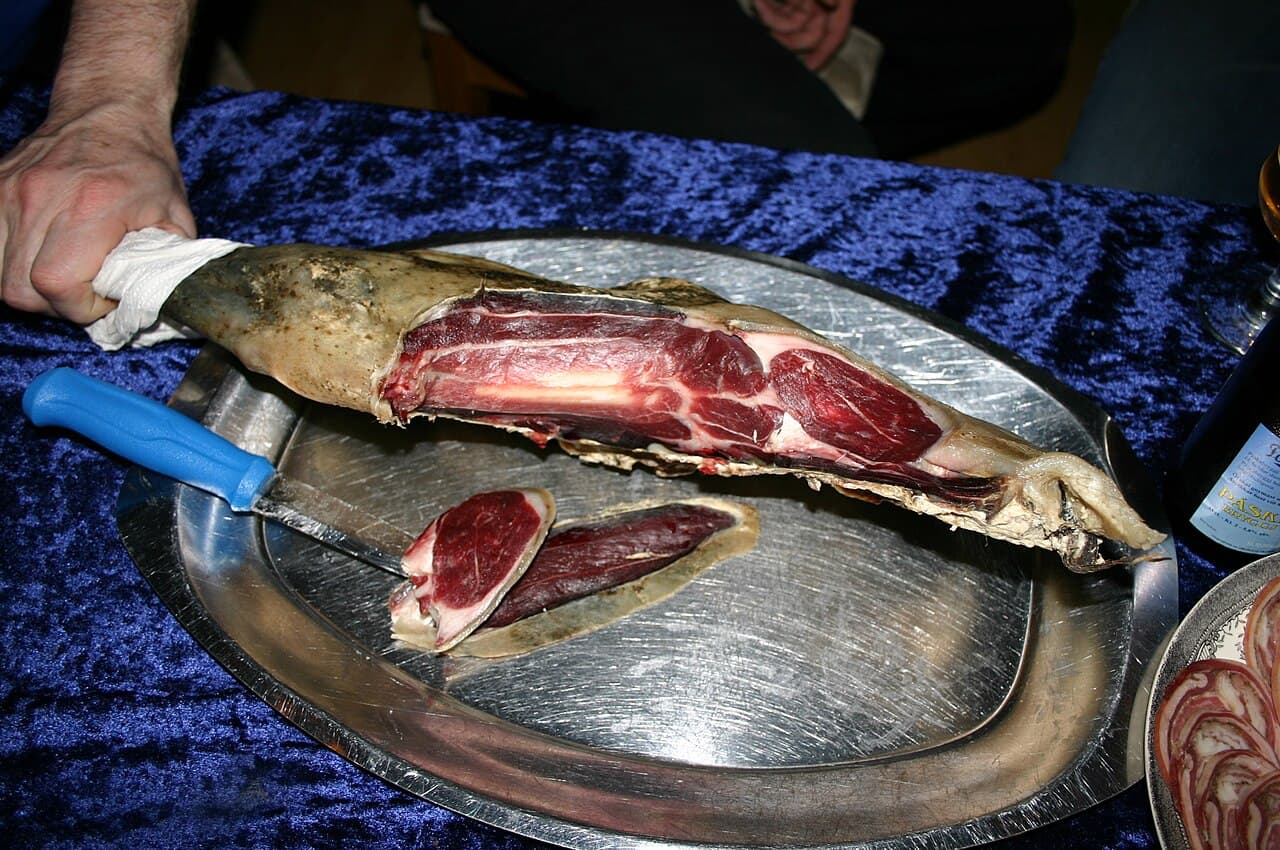 Wind-cured Faroese mutton hanging in a traditional slatted drying house